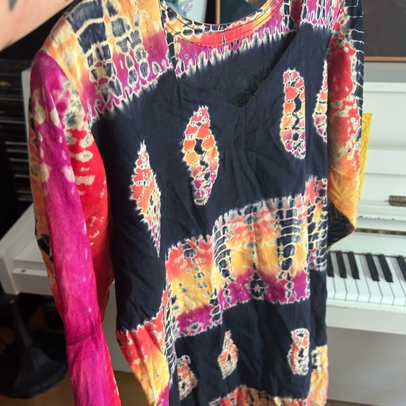 Boho Colorful Women's Indian Blouse Tie Dye & Black Accents Large Free Size - Picture 10 of 16